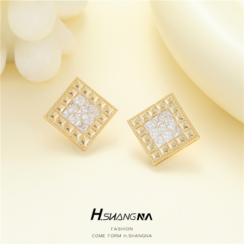 Rhombus Stud Earrings For Women With 925 Sterling Silver Posts, Copper Base, Electroplated 14K Real Gold, And Zircon Inlay 3