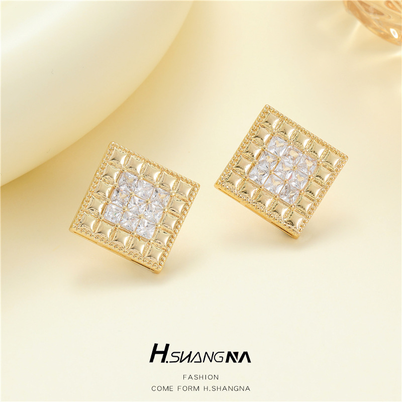 Rhombus Stud Earrings For Women With 925 Sterling Silver Posts, Copper Base, Electroplated 14K Real Gold, And Zircon Inlay 4