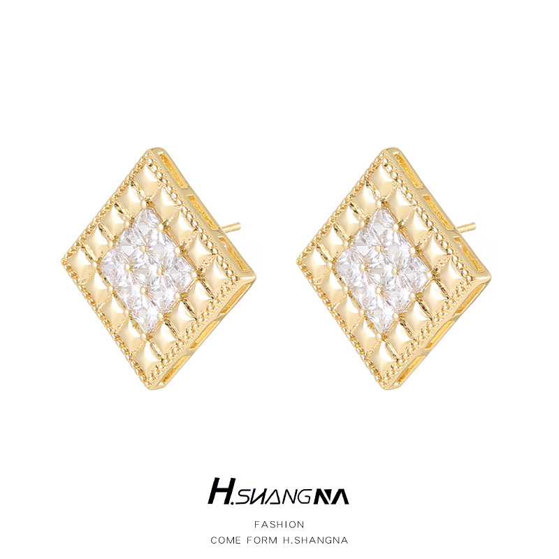 Rhombus Stud Earrings For Women With 925 Sterling Silver Posts, Copper Base, Electroplated 14K Real Gold, And Zircon Inlay 5
