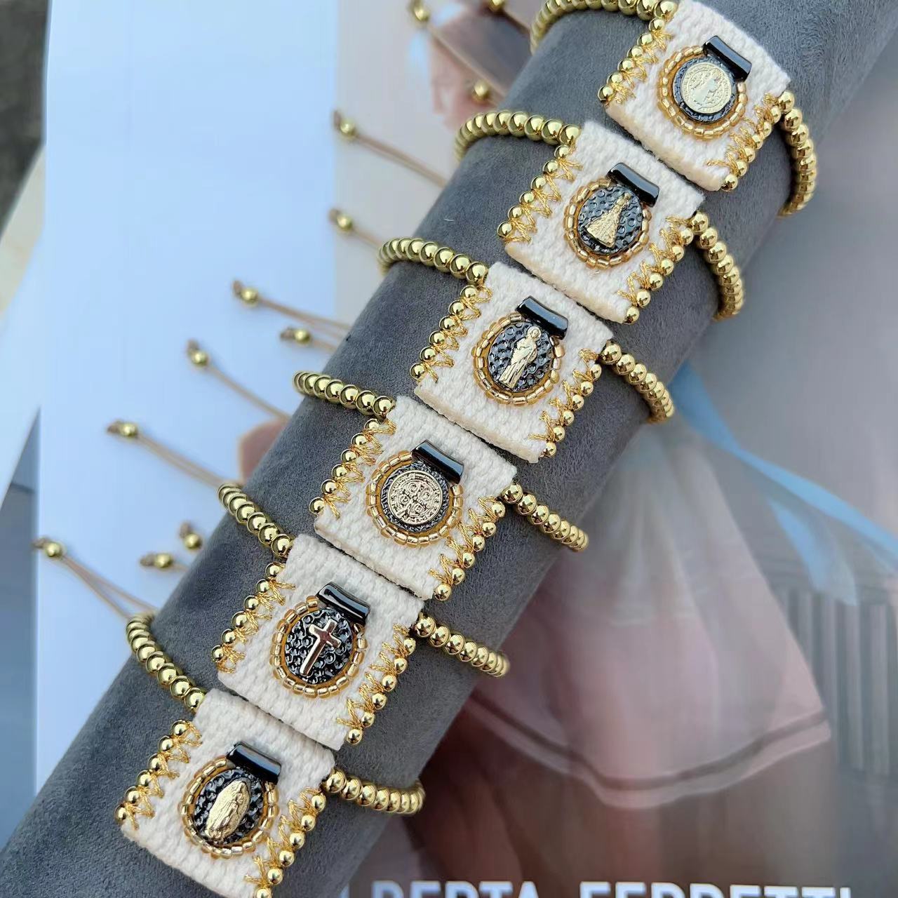 Luxurious Grey Rope Bracelet For Women With 18K Gold Plated Twisted Rope Chain Featuring Religious Pattern