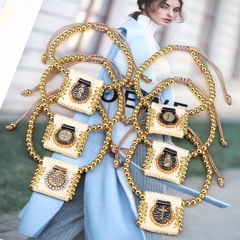 Luxurious Grey Rope Bracelet For Women With 18K Gold Plated Twisted Rope Chain Featuring Religious Pattern 9
