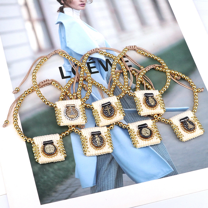 Luxurious Grey Rope Bracelet For Women With 18K Gold Plated Twisted Rope Chain Featuring Religious Pattern 10