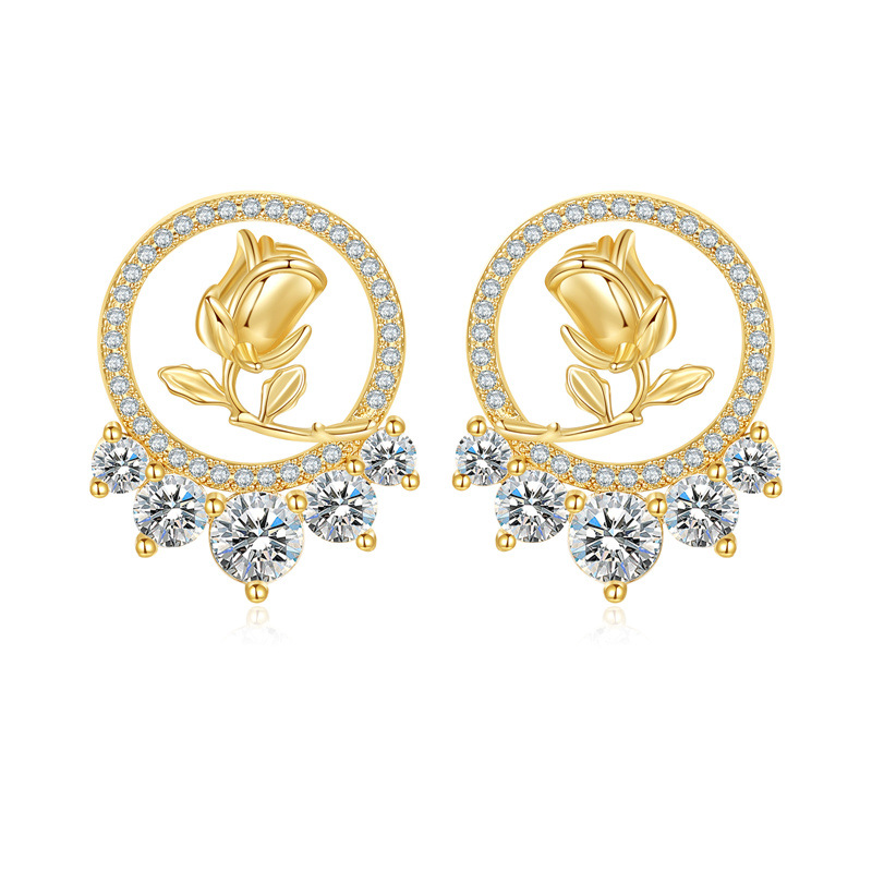 Rose Stud Earrings For Women With 925 Sterling Silver Posts, Copper Base, And 14K Real Gold Plated Finish Featuring Zircon Inlay 5