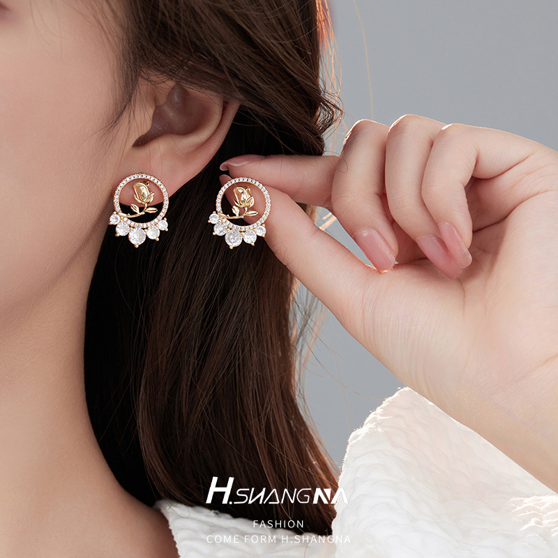 Rose Stud Earrings For Women With 925 Sterling Silver Posts, Copper Base, And 14K Real Gold Plated Finish Featuring Zircon Inlay