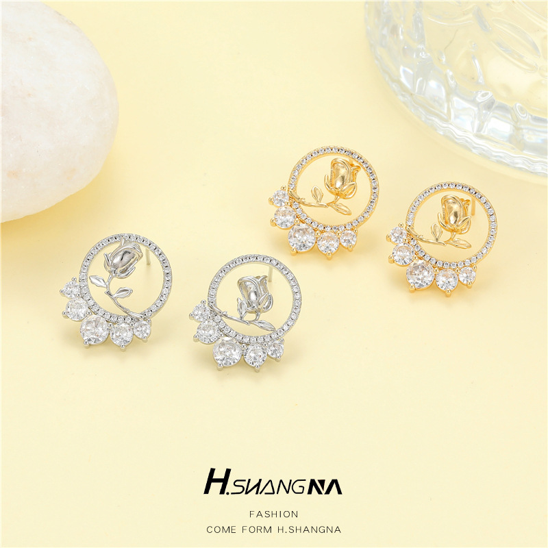 Rose Stud Earrings For Women With 925 Sterling Silver Posts, Copper Base, And 14K Real Gold Plated Finish Featuring Zircon Inlay 3