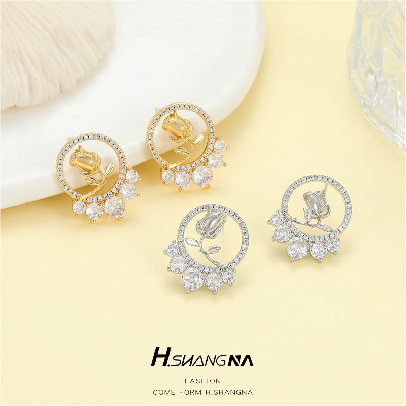 Rose Stud Earrings For Women With 925 Sterling Silver Posts, Copper Base, And 14K Real Gold Plated Finish Featuring Zircon Inlay 4