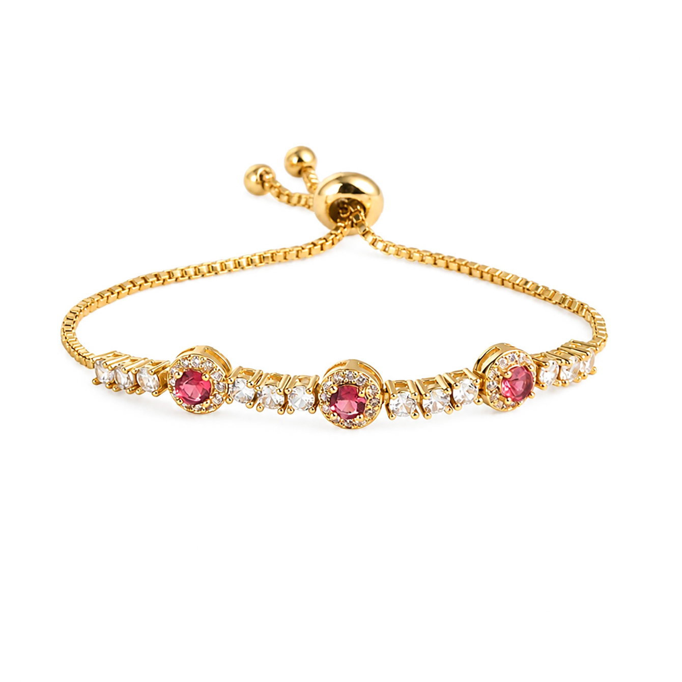 Round Claw Setting Bracelet For Women In Copper With 18K Real Gold Plated Water Plating And Zircon Inlay, Featuring Box Chain