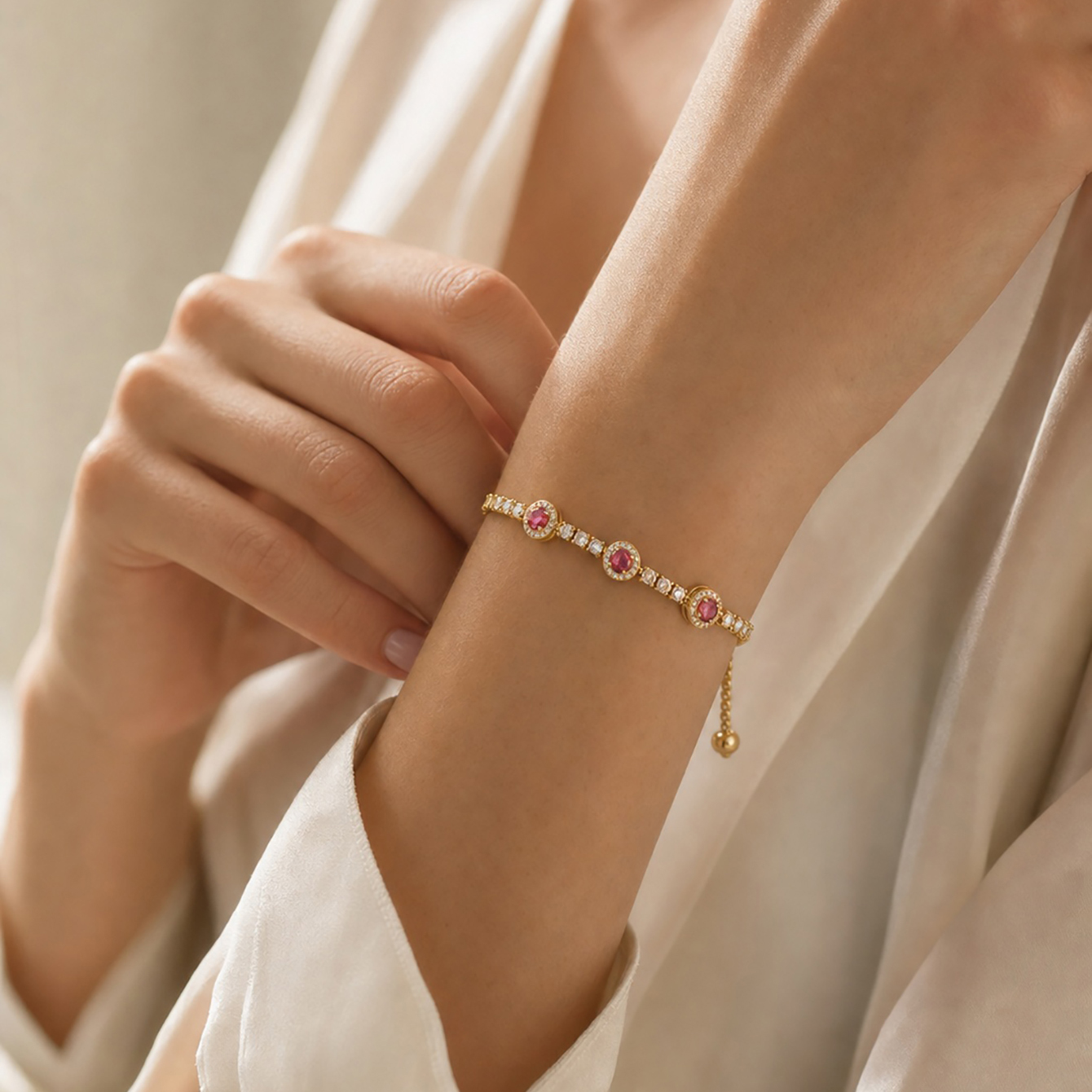 Round Claw Setting Bracelet For Women In Copper With 18K Real Gold Plated Water Plating And Zircon Inlay, Featuring Box Chain 2