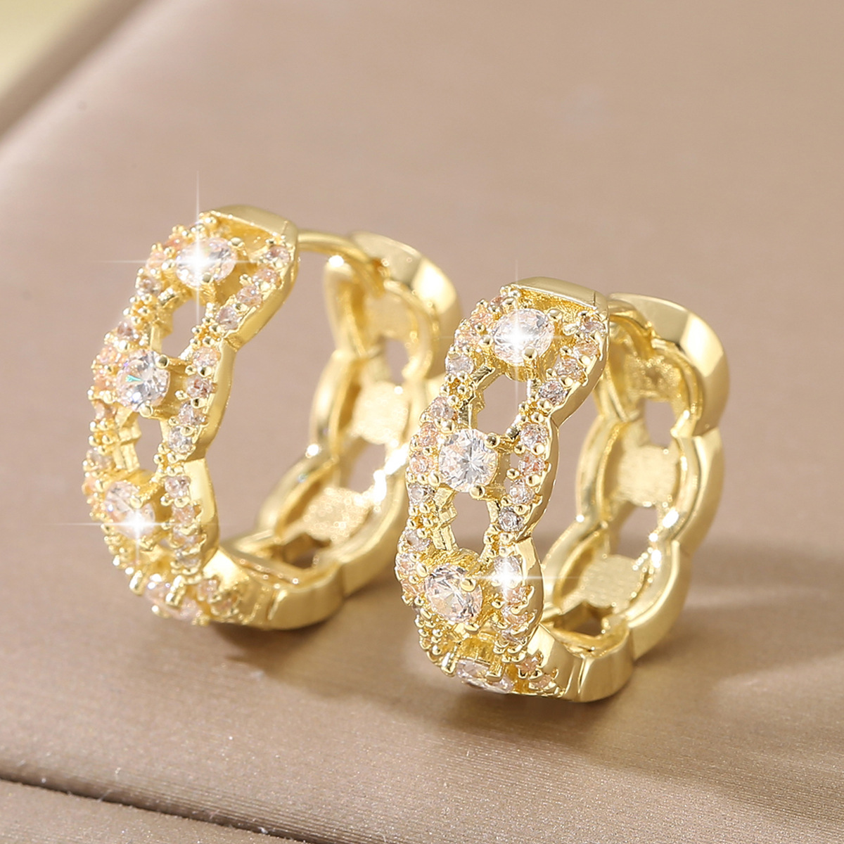 Round Copper Earrings For Women With Electroplated Gold Plating And Zircon Inlay, Golden Color