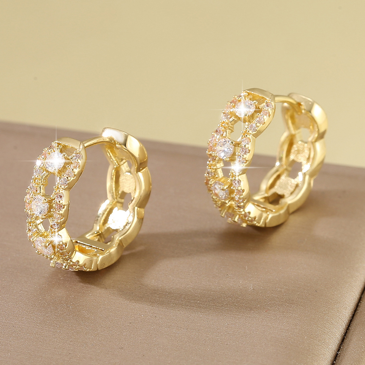 Round Copper Earrings For Women With Electroplated Gold Plating And Zircon Inlay, Golden Color 3