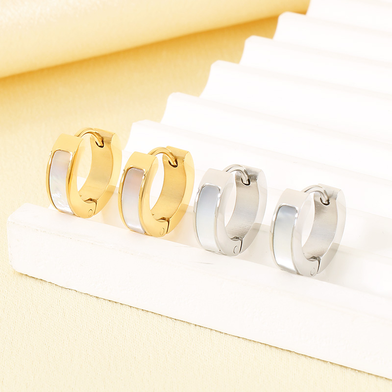 Round Inlay Earrings For Women In 304 Stainless Steel With 18K Real Gold PVD Coating And Shell Inlay