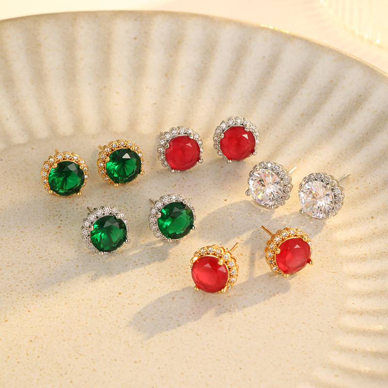 Round Stud Earrings For Women With 925 Sterling Silver Posts, Copper Base, Real Gold Plated And Zircon Inlay