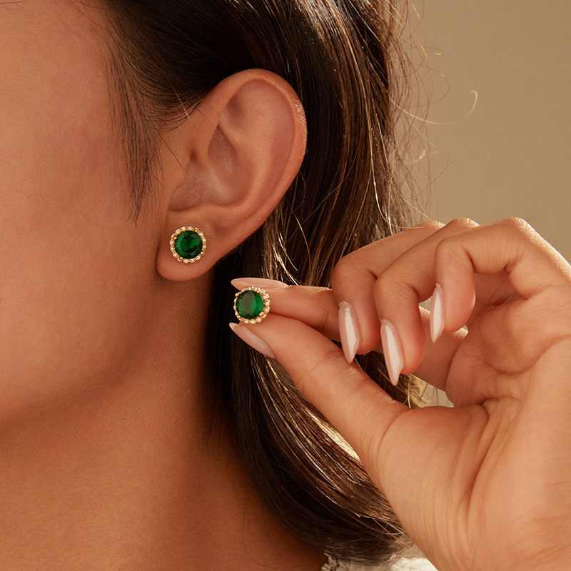 Round Stud Earrings For Women With 925 Sterling Silver Posts, Copper Base, Real Gold Plated And Zircon Inlay 3