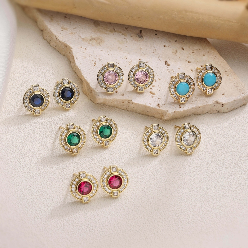 Round Stud Earrings With Zircon Inlay, Copper Base Featuring 18K Real Gold Water Plating With 0.03µm Thickness