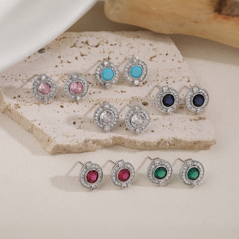 Round Stud Earrings With Zircon Inlay, Copper Base Featuring 18K Real Gold Water Plating With 0.03µm Thickness 2