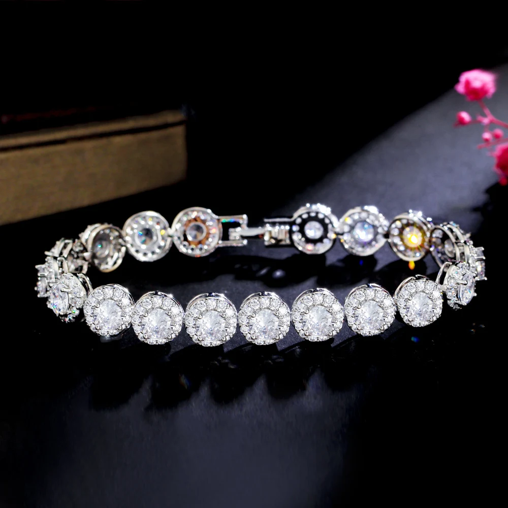 Round Waterproof Non Tarnish Copper Bracelets For Women With Rhodium Plated Water Plating And Zircon Inlay Featuring Tennis Chain
