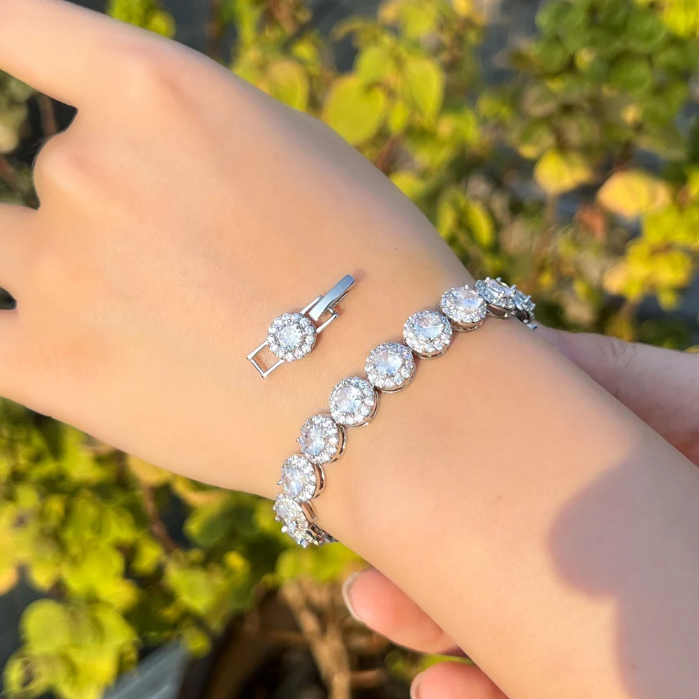 Round Waterproof Non Tarnish Copper Bracelets For Women With Rhodium Plated Water Plating And Zircon Inlay Featuring Tennis Chain 3