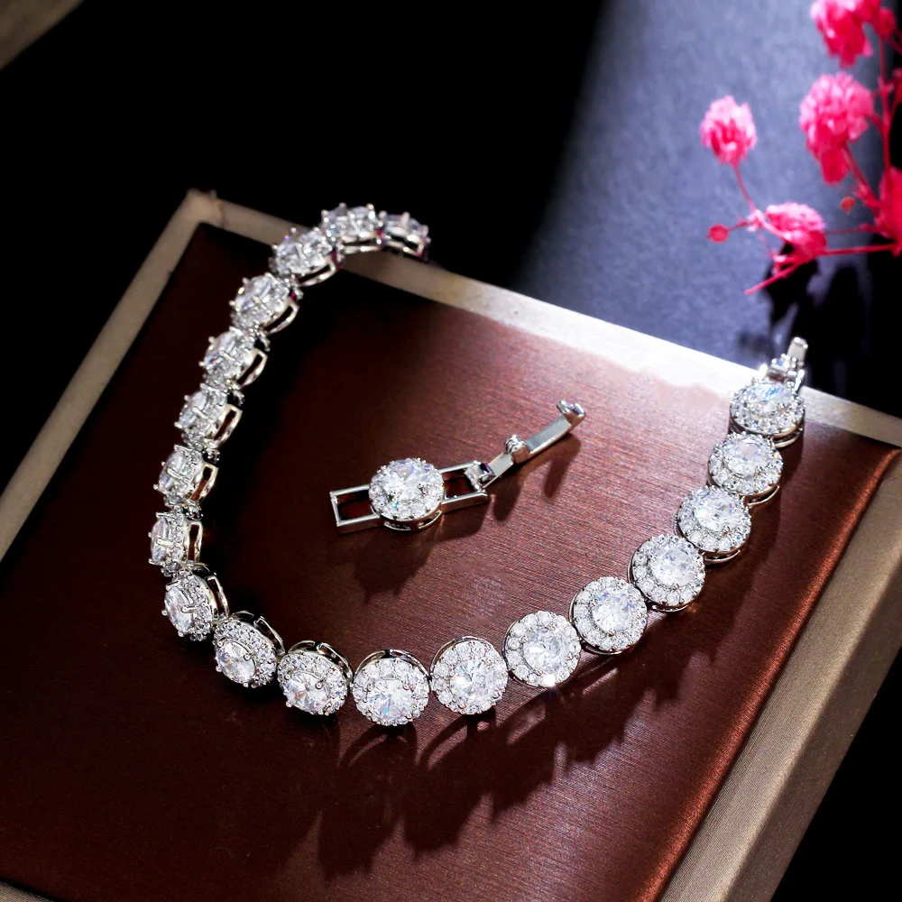 Round Waterproof Non Tarnish Copper Bracelets For Women With Rhodium Plated Water Plating And Zircon Inlay Featuring Tennis Chain 5