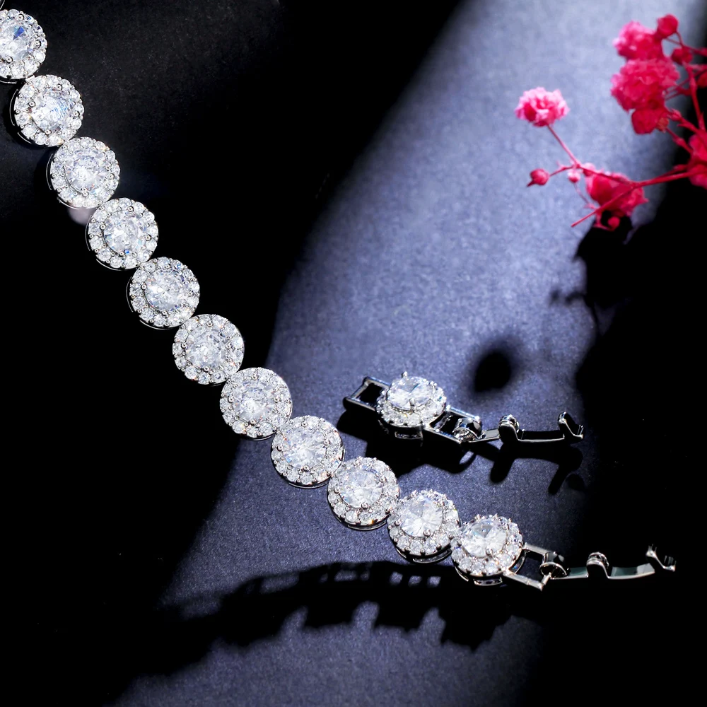 Round Waterproof Non Tarnish Copper Bracelets For Women With Rhodium Plated Water Plating And Zircon Inlay Featuring Tennis Chain 7
