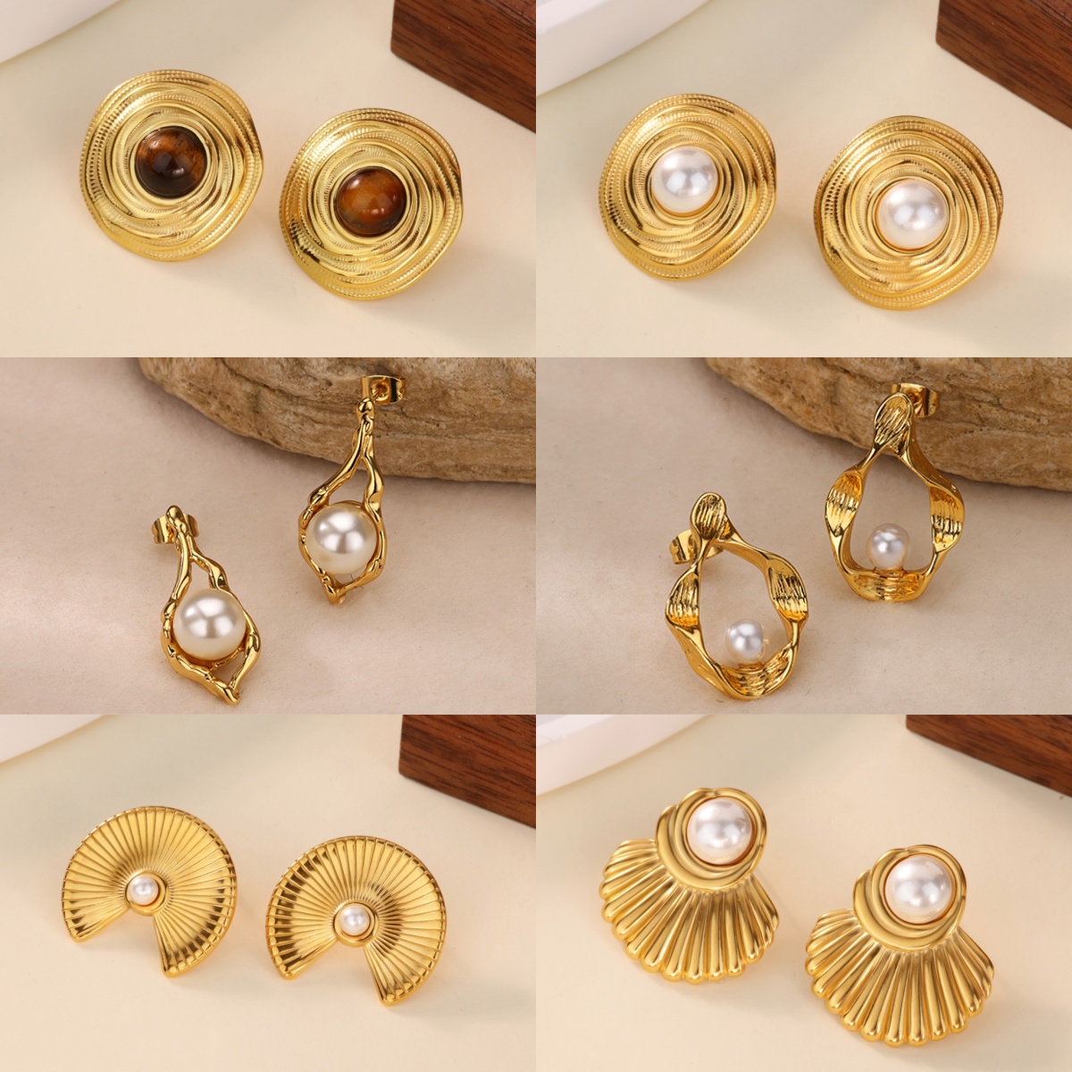 Round Waterproof Non Tarnish Stud Earrings For Women In Copper With 18K Real Gold Plated PVD Coating And Artificial Pearl Inlay