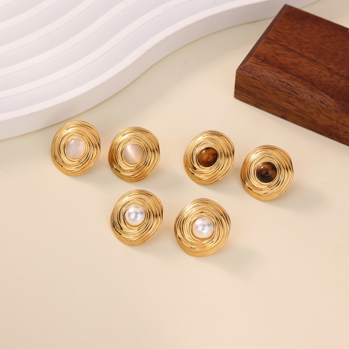 Round Waterproof Non Tarnish Stud Earrings For Women In Copper With 18K Real Gold Plated PVD Coating And Artificial Pearl Inlay 2