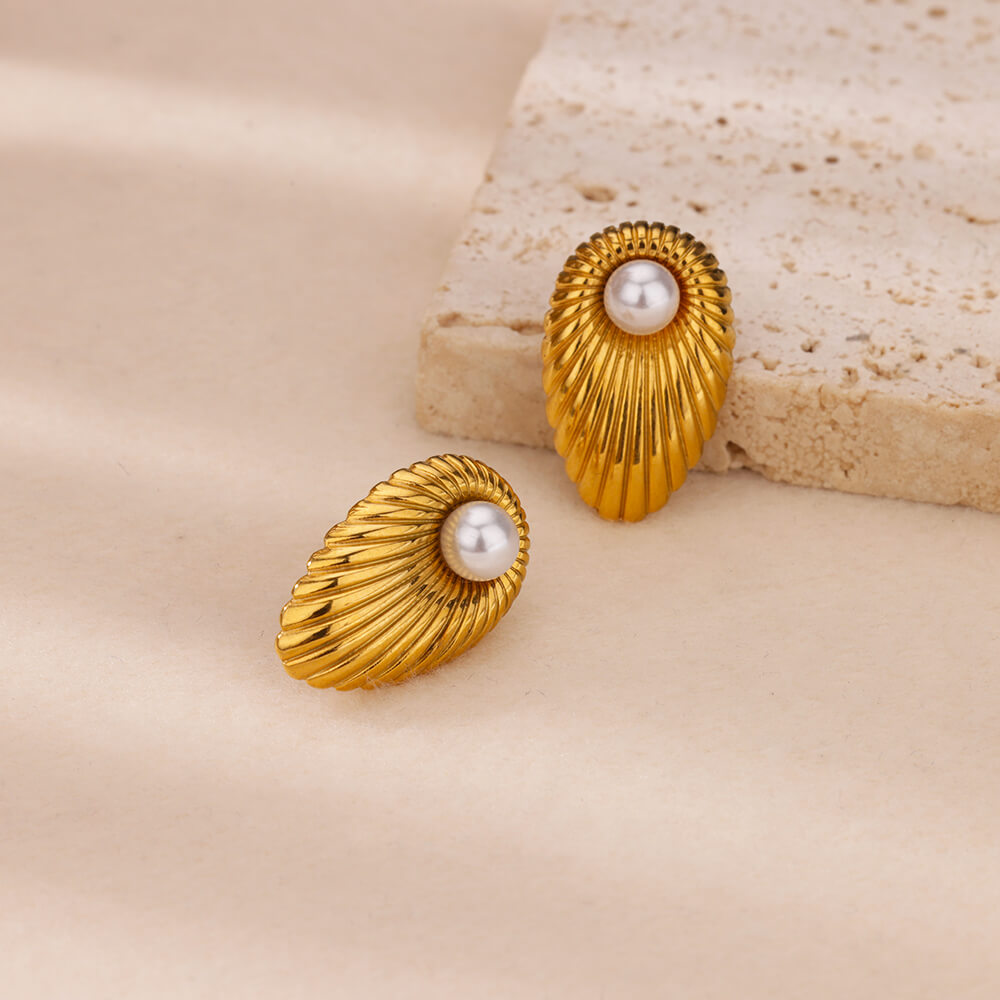 Round Waterproof Non Tarnish Stud Earrings For Women In Copper With 18K Real Gold Plated PVD Coating And Artificial Pearl Inlay 6