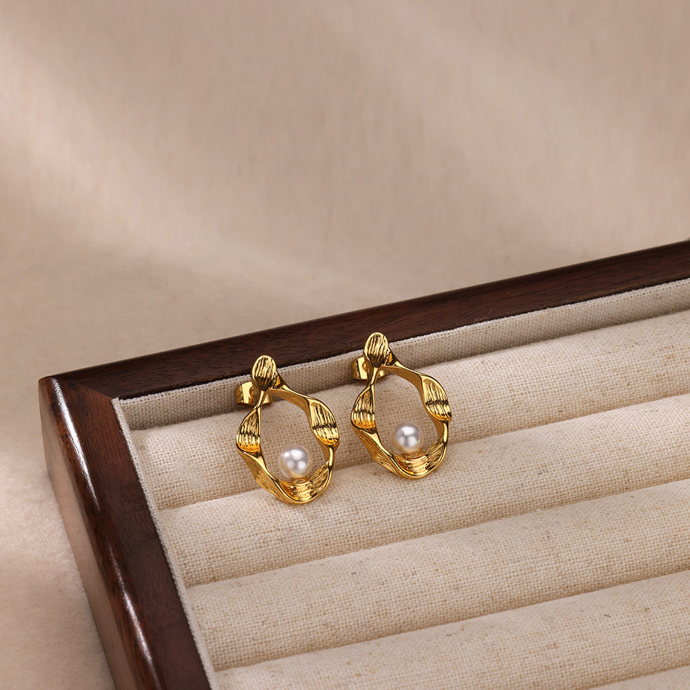 Round Waterproof Non Tarnish Stud Earrings For Women In Copper With 18K Real Gold Plated PVD Coating And Artificial Pearl Inlay 10