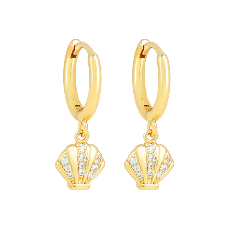 Scallop Hypoallergenic Earrings For Women, Copper Material With 18K Real Gold Plated PVD Coating And Zircon Inlay
