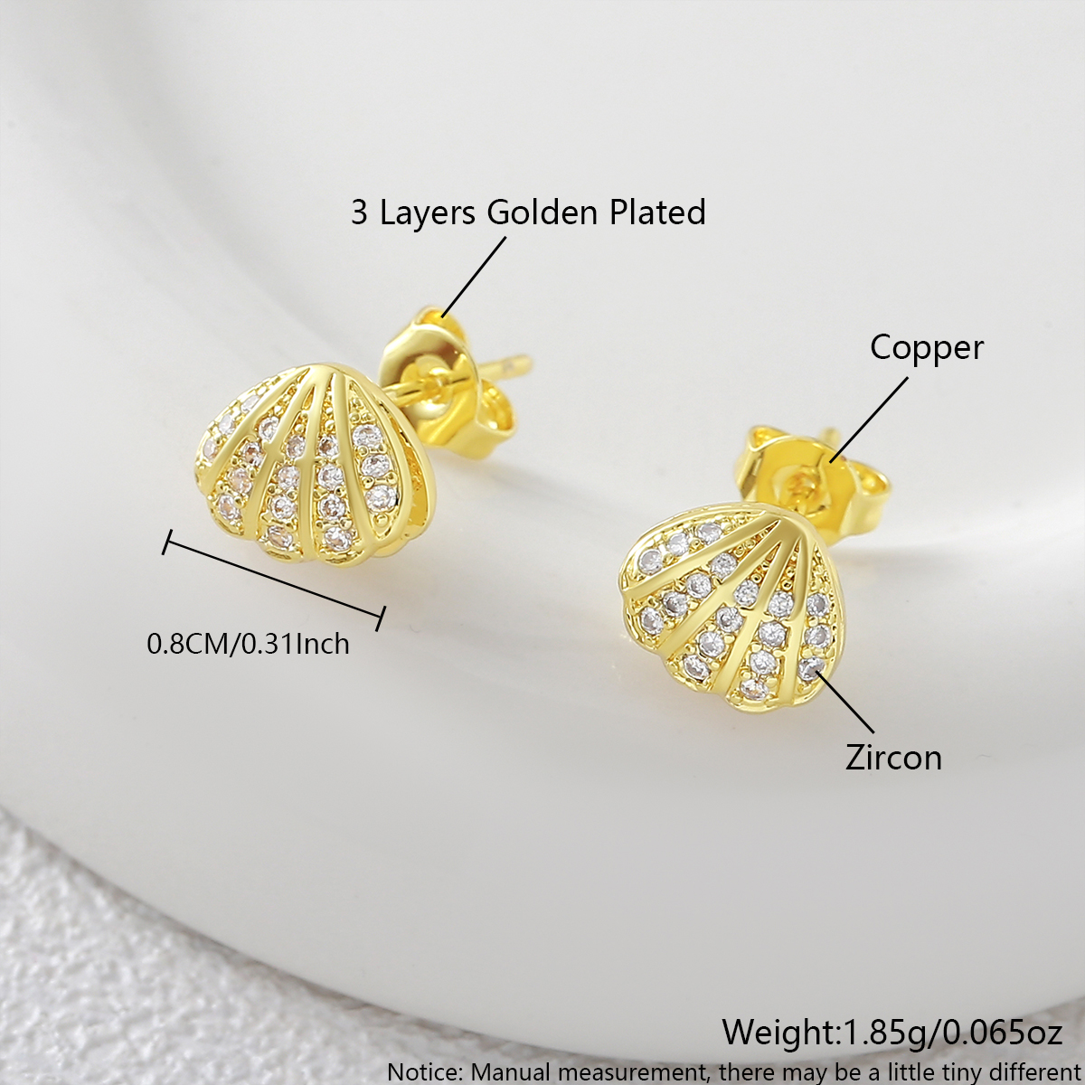Scallop Stud Earrings With Bezel Setting, 18K Real Gold Plated Copper Featuring Zircon Inlay And 0.05µm-0.08µm Water Plating Thickness 2