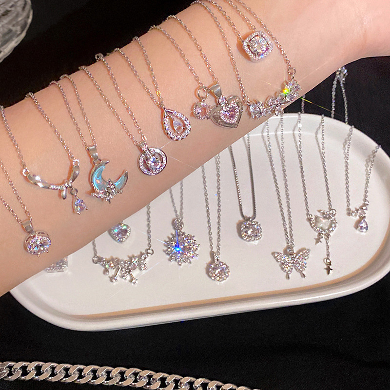 Shiny Titanium Steel Zircon Necklace For Women Silver Colors Collarbone Chain Accessories