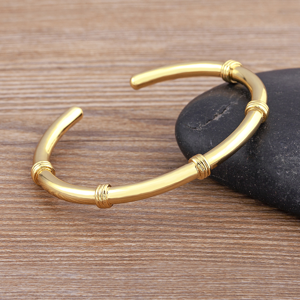 Simple Style Bamboo Bangle In Copper With 18K Real Gold Plated Material And Electroplated Finish