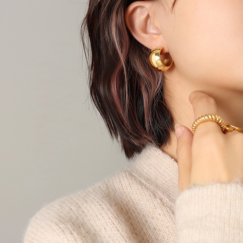 C Shape Earrings For Women, Waterproof Non Tarnish 304 Stainless Steel With Real Gold PVD Coated Plating