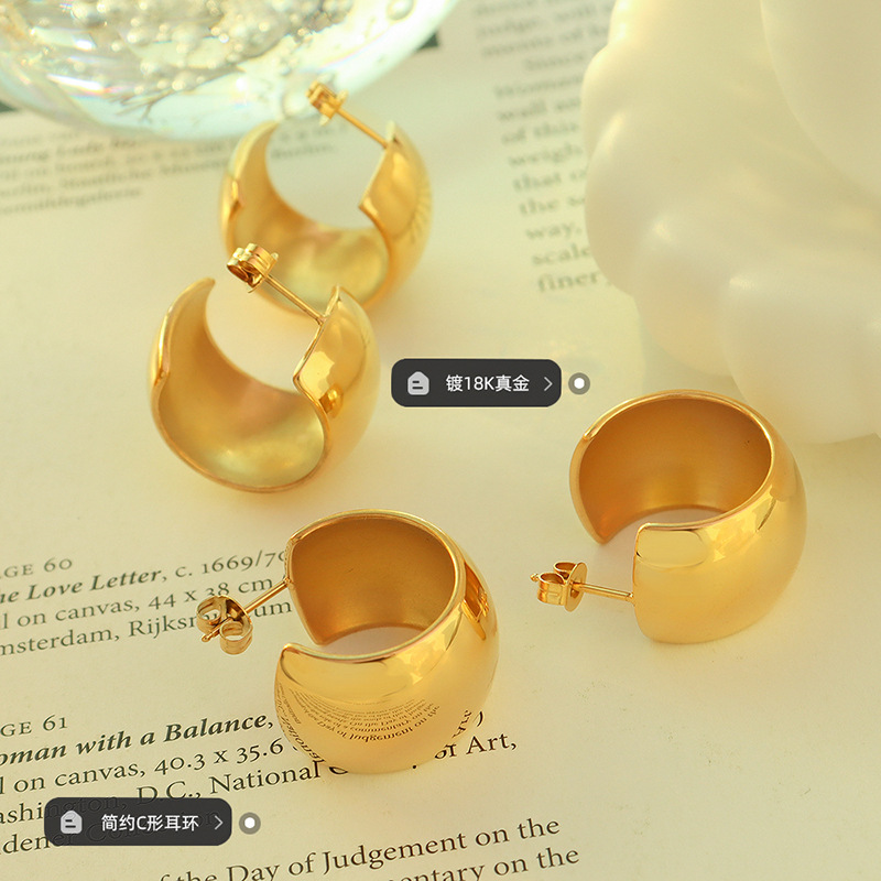 C Shape Earrings For Women, Waterproof Non Tarnish 304 Stainless Steel With Real Gold PVD Coated Plating 2