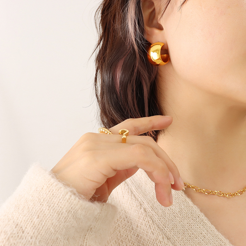 C Shape Earrings For Women, Waterproof Non Tarnish 304 Stainless Steel With Real Gold PVD Coated Plating 4