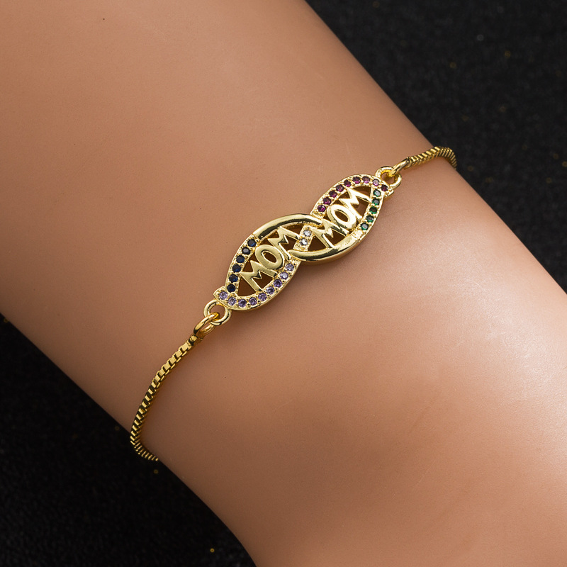 Copper Letter Bracelet For Women With Artificial Gemstones, Fashion Style 4