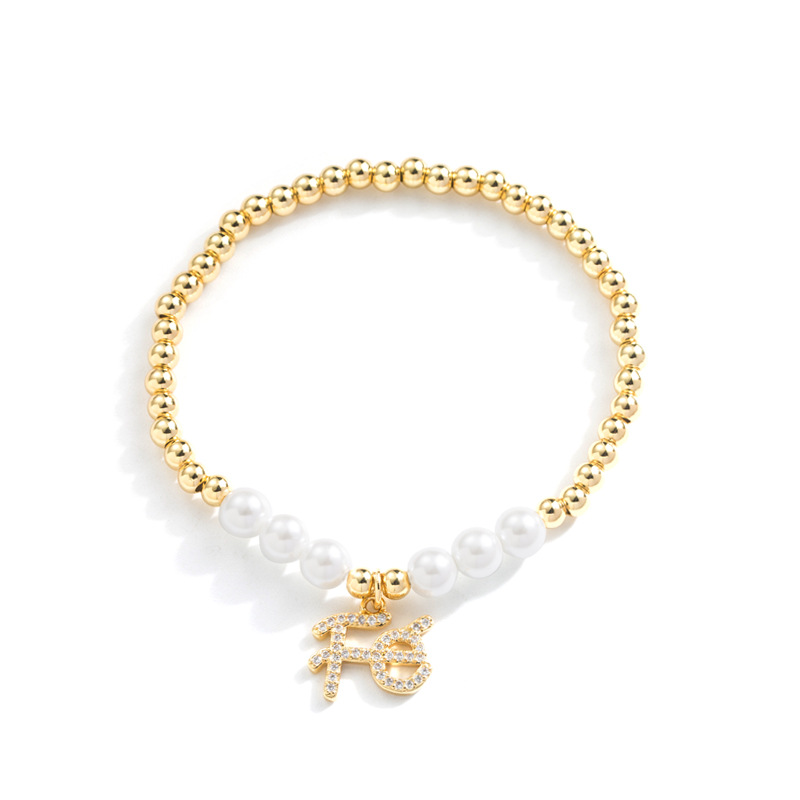 Copper Letter Bracelet For Women With Artificial Gemstones, Fashion Style 5