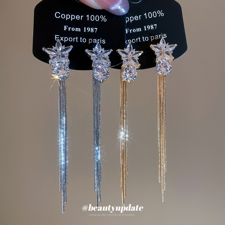 Simple Style Star Tassel Stud Earrings For Women In Copper With Zircon Inlay, 18K Real Gold Plated Finish 4