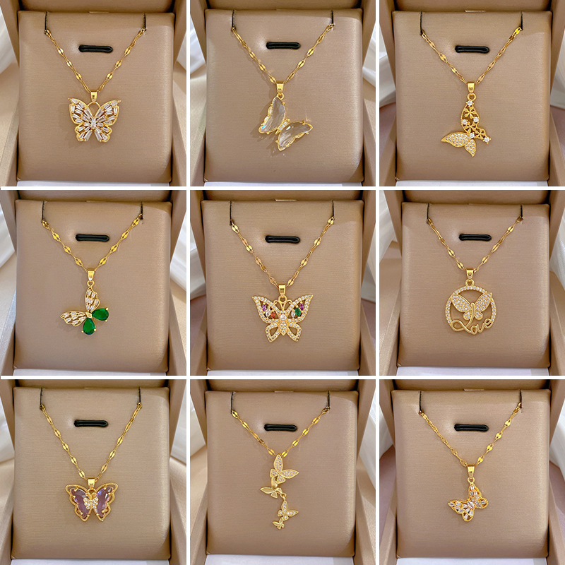Geometric Pendant Necklace For Women In 304 Stainless Steel With Gold Plated PVD And Zircon Inlay, Cuban Link Chain