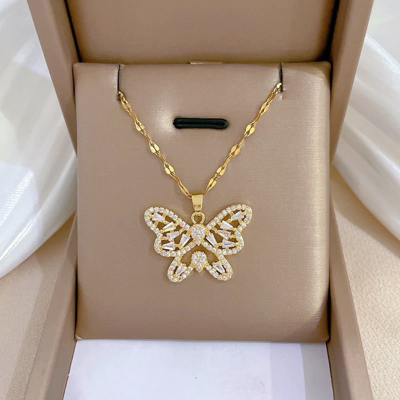 Geometric Pendant Necklace For Women In 304 Stainless Steel With Gold Plated PVD And Zircon Inlay, Cuban Link Chain 4