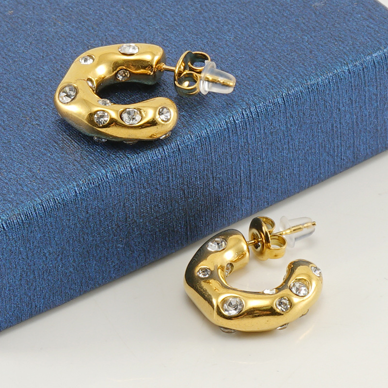 C Shape Earrings For Women In 304 Stainless Steel With 18K Gold Plated PVD Vacuum Coating And Artificial Diamond Inlay