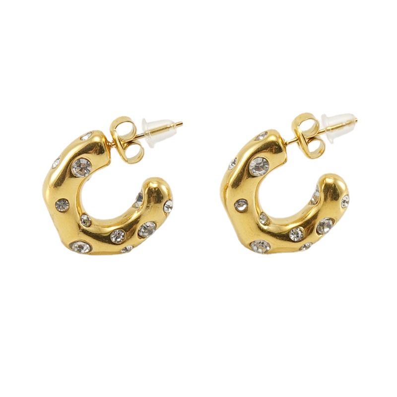 C Shape Earrings For Women In 304 Stainless Steel With 18K Gold Plated PVD Vacuum Coating And Artificial Diamond Inlay 2