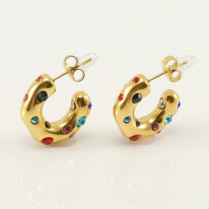 C Shape Earrings For Women In 304 Stainless Steel With 18K Gold Plated PVD Vacuum Coating And Artificial Diamond Inlay 3