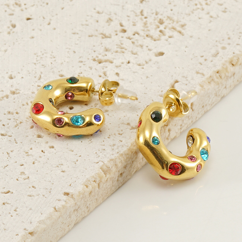 C Shape Earrings For Women In 304 Stainless Steel With 18K Gold Plated PVD Vacuum Coating And Artificial Diamond Inlay 4