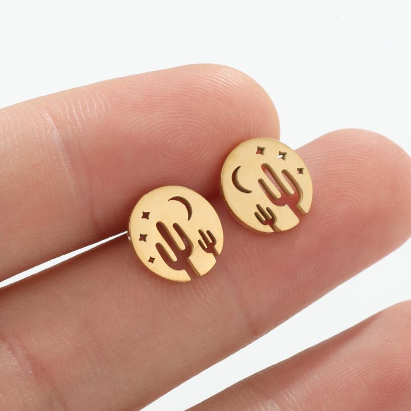 Cactus Simple Style Earrings For Women In Waterproof Non Tarnish Stainless Steel With Real Gold Plated Star Design