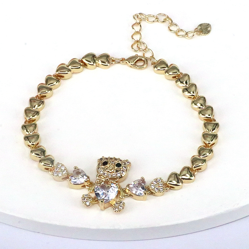 Little Bear Copper Bracelet For Women With Zircon Inlay, Gold Plated Featuring Box Chain Design 2