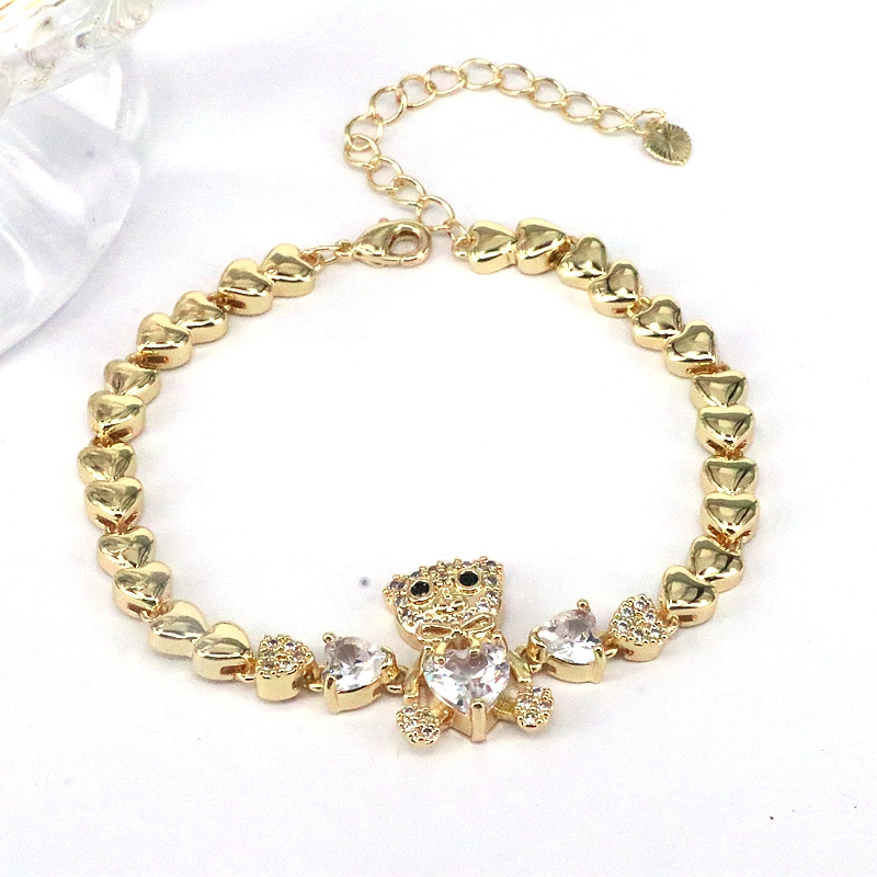 Little Bear Copper Bracelet For Women With Zircon Inlay, Gold Plated Featuring Box Chain Design 7