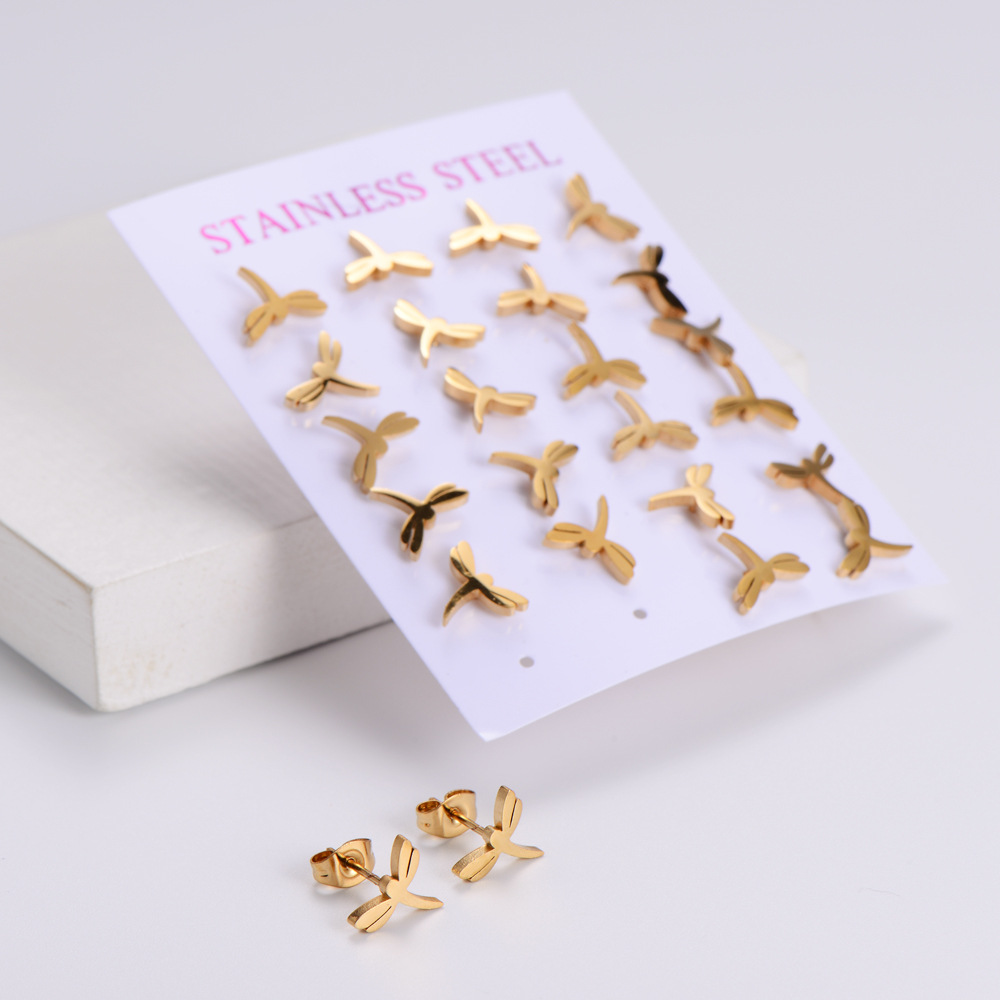 Simple Style Electroplated Animal Zodiac Earrings For Women In Golden Plated Stainless Steel With Stone-Free Inlay