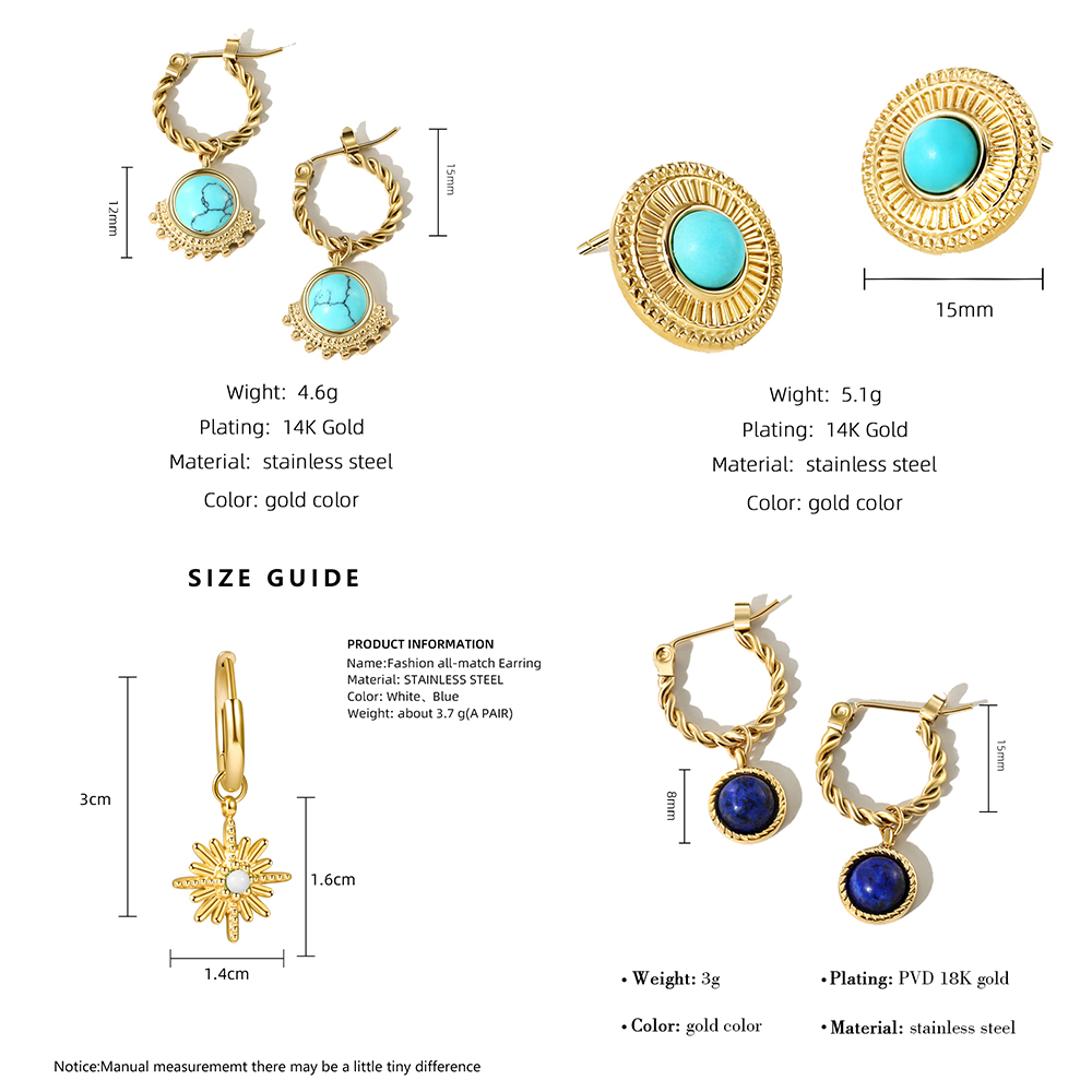 Waterproof Non Tarnish Printing Drop Earrings For Women In 18K Gold PVD Coated 304 Stainless Steel With Turquoise Inlay 2