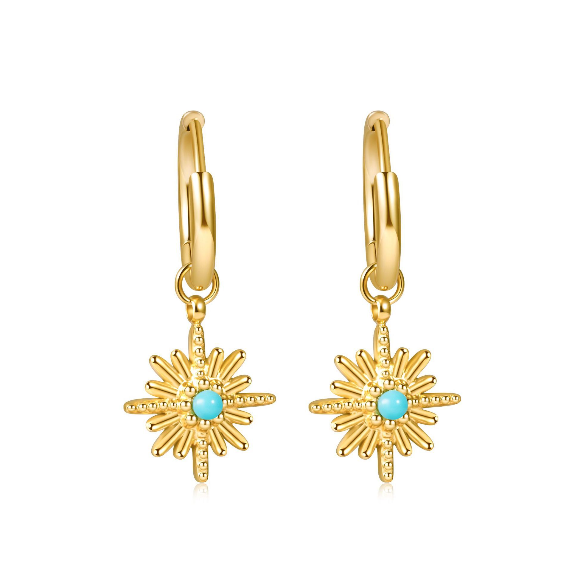 Waterproof Non Tarnish Printing Drop Earrings For Women In 18K Gold PVD Coated 304 Stainless Steel With Turquoise Inlay 4