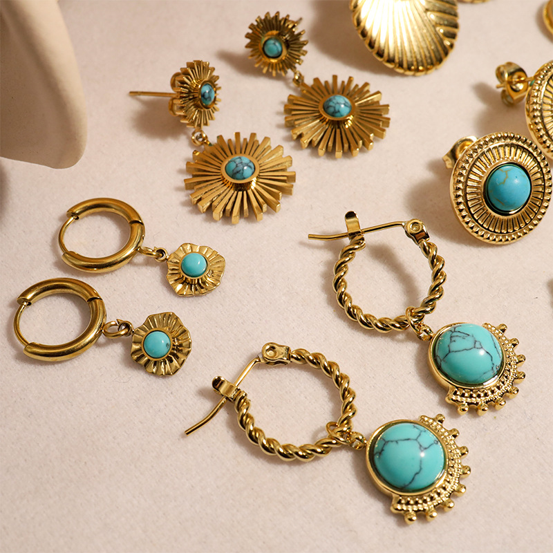 Waterproof Non Tarnish Printing Drop Earrings For Women In 18K Gold PVD Coated 304 Stainless Steel With Turquoise Inlay 5